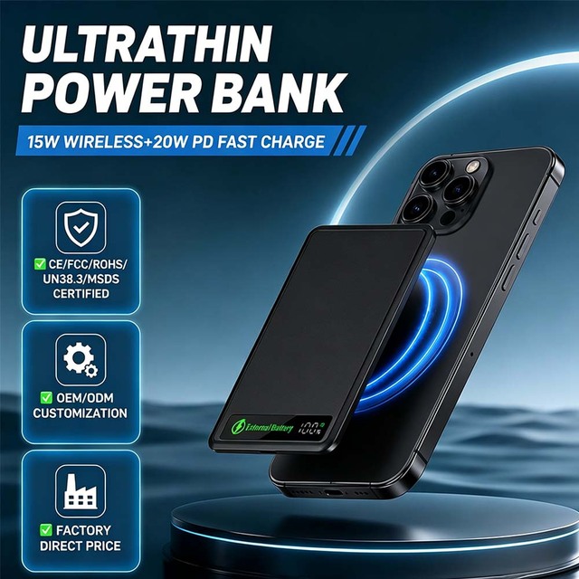 5000mAh Portable Magnetic Power Bank Wireless 20W PD Fast Charge 8.5mm Ultra Slim OEM/ODM Source Factory Custom LOGO B2B