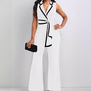 <span class=keywords><strong>Combinaison</strong></span> élégante pour <span class=keywords><strong>femme</strong></span> à col en V, sexy, avec bordure contrastante, sans manches, <span class=keywords><strong>pantalon</strong></span> large, avec ceinture, grandes tailles, tenue de bureau – Grande Vente - Product Image 2
