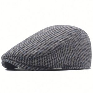 Bérets en laine tweed à carreaux chevrons pour hommes, chapeaux plats Gatsby à carreaux pour l'automne et l'hiver, casquettes plates chaudes d'extérieur style Ivy - Product Image 3
