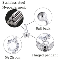 Hengsen Bijoux de piercing de nombril en acier inoxydable avec pendentif cœur et papillon en zircon cubique, à filetage externe et fermoir à bille