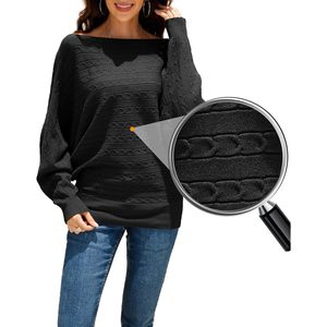 Pull tricoté à col bateau et manches chauve-souris pour femme, style décontracté automne, anti-boulochage, manches longues, col rond - Product Image 2