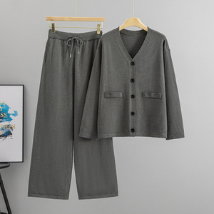 Conjunto de Suéter Tejido para Mujer, Cuello en V, Corte Holgado, Pantalones Casuales de Otoño - Product Image 4