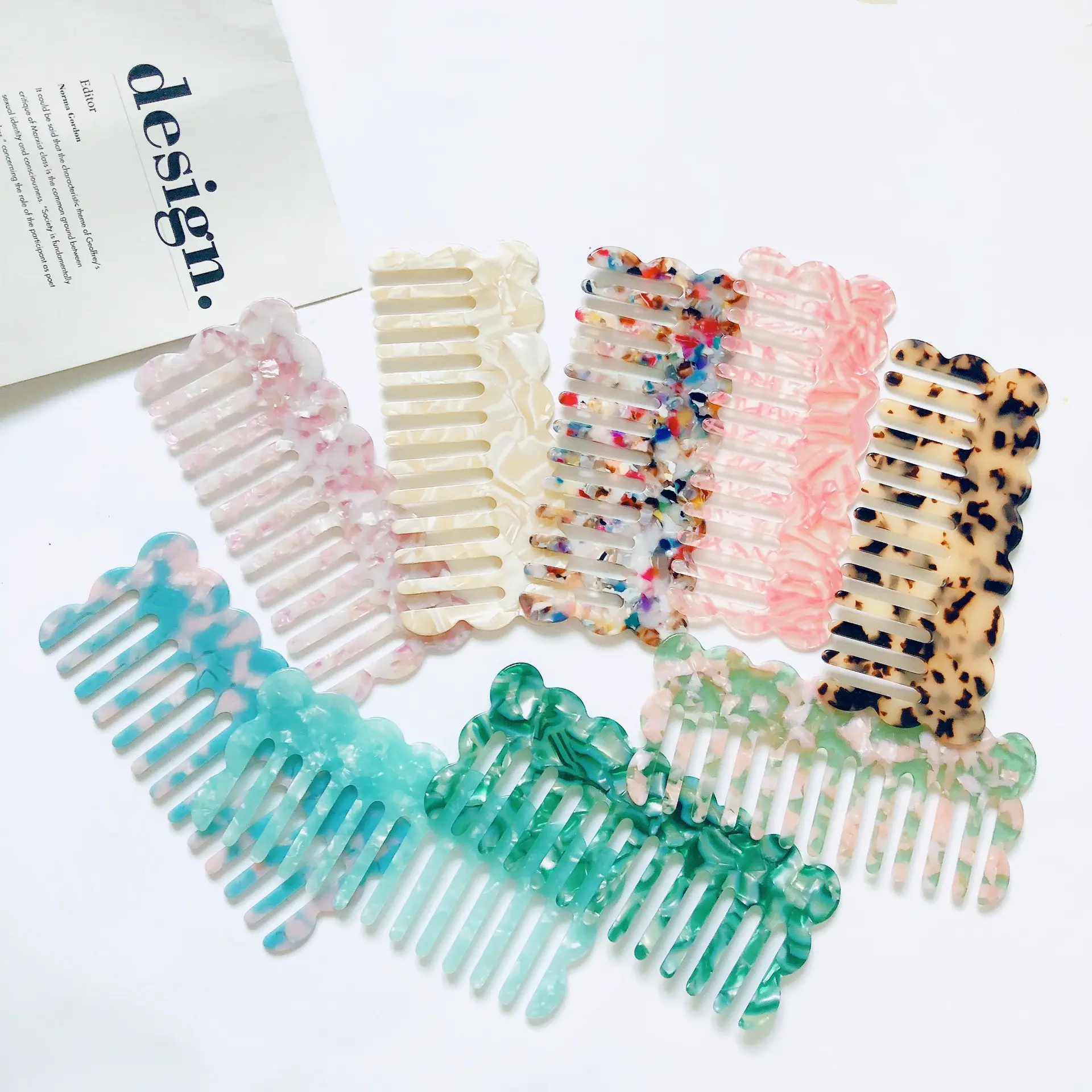 Genya Custom logo Marbled wavy leopard hair comb handmade acid material cellulose acetate comb hair comb