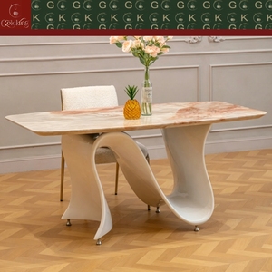 Table rectangulaire en marbre de luxe moderne GOLDKING pour salle à manger, plateau veiné rose, base blanche sculptée, fabrication sur mesure, directement de l'usine - Product Image 4