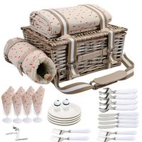 Panier de pique-nique en osier couleur miel, support de rangement en cuir, panier rond en rotin pour voyage, paniers d'été rose clair, ensemble pour 4 personnes, glacière