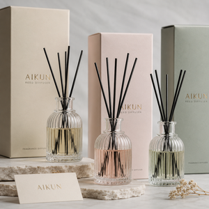 Aikun Low MOQ Fast Reply Ribbed Clear Glass Gold Foil Box Logo Reed Diffuser Gift Set with Any Scent Long Lasting for Gift Shop - Product Image 2