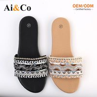 Chaussures pour femmes, pantoufles bohèmes, sandales à glissière perlées avec strass, plates, à bout carré, respirantes, confortables, légères, antidérapantes