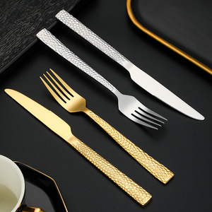Stainless Steel Steak Knife Fork Spoon <b>Set</b> 4 Pieces Hammered Texture Western Cutlery Dinnerware <b>Set</b> - Product Image 3