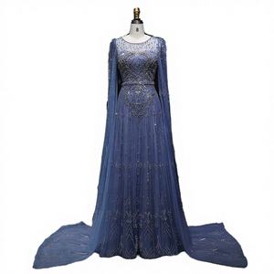 Robe de soirée élégante de Dubaï à manches régulières, bleue, longue jusqu'au sol, en forme de A, en organza imprimé avec des cristaux - Product Image 3