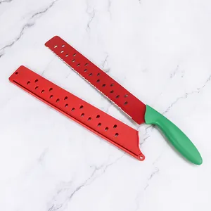 Professional Watermelon Slicer Knife Red Coating Stainless Steel Melon Cutter Serrated Watermelon Cutter with Protective Cover