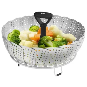 Kitchen Supplies Multi-functional Cooker Steaming Tray Stainless Steel Collapsible Food Vegetable Steamer Basket W/Nylon Handle
