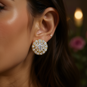 Orecchini a perno in oro E1365 con cristalli rotondi e design floreale, montatura a griffe, gioielli da donna alla moda, stile classico da matrimonio - Product Image 2