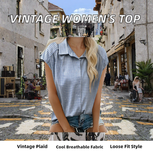 Women's Blue <b>Checkered</b> Short Sleeve Button Down Shirt Casual Turn-down Collar Cap Sleeve Regular Fit Spring Summer <b>Top</b> - Product Image 2