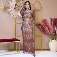 Strass 2-teiliges Maxirock-Set Langarm Damen Mock Neck Crop Top Bodycon Co-ords Sexy Club Geburtstag Party Outfit 2026