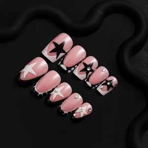 <span class=keywords><strong>Faux</strong></span> ongles à presser Y2K contrastants, style French, moyens, forme carrée, motif étoile dessinée à la main, motif <span class=keywords><strong>vache</strong></span>, avec cristaux, prêts à poser, vente en gros - Product Image 2