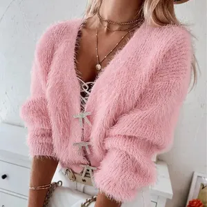 women pink crop mohair Fuzzy Bowknot Pattern Knit Sweater Cardigan jacket for women