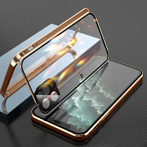 Designer Tempered Glass Back Metal Case Complete Magnetic Case Golden Frame Metallic Phone Cases For Apple iPhone 13 Pro Max