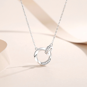 Kalung liontin trendi untuk wanita, Kalung liontin trendi lingkaran ganda Zircon Pave berkilau perak murni 999 gaya klasik - Product Image 2