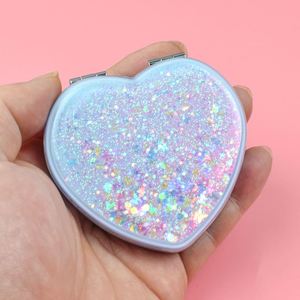 Wholesale Heart Shape pink Blue Glitter Liquid Quicksand Mirror Private Label Folding Double Sides Cosmetic Portable Mirrors - Product Image 5