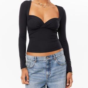 เสื้อเอวลอยเข้ารูปแขนยาวคอวีแนวแฟชั่นสำหรับผู้หญิงเสื้อเอวลอยออกแบบด้านหน้าแบบเซ็กซี่ - Product Image 6