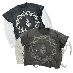 Camisetas Personalizadas Vintage de Manga Larga con Cuello Acanalado, Corte y Costura en Algodón Desgastado, Doble Capa, Estampado Serigrafiado, Estilo Y2K para Hombre - Product Image 1