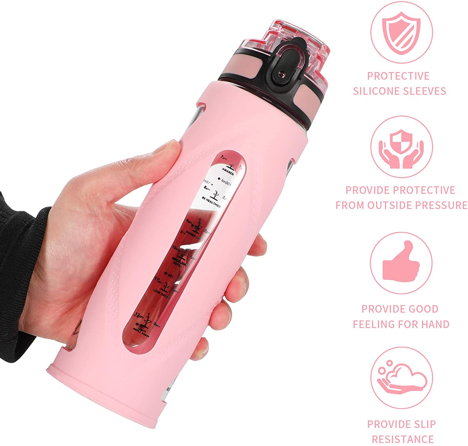 17oz Glass Water Bottle 2 Lids One Click Open and Motivational Water Bottles with Time Marker Reminder