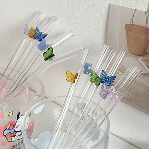 Logotipo personalizado transparente 8*200mm sin plomo BPA pajitas de vidrio soplado a mano con mariposa de color para Bar - Product Image 1