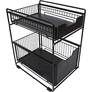 Amazon Hot Sell 2-tier Metal Kitchen Storage Rack Cabinet Slide out Bathroom Kitchen Under Sink Organizer