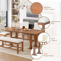 Ensemble de table à manger extensible moderne en bois de 76 pouces avec 6 pièces, table de cuisine à chevrons avec plateau amovible et chaises et bancs rembourrés