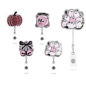 New cross-border Halloween skull glitter acrylic easy-pull <b>buckle</b> with back <b>clip</b>, pumpkin retractable badge scroll <b>buckle</b> - Product Image 1