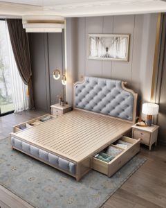 Cadre de lit king size capitonné gris, lit double moderne en bois massif pour meubles de chambre à coucher - Product Image 5