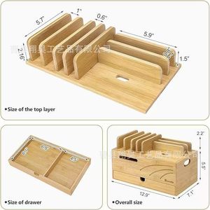 Wooden Storage Box Rectangle Desktop Organizer 2 Layer Mobile Phone <b>Tablet</b> <b>Charger</b> Holder Home Office Use - Product Image 4