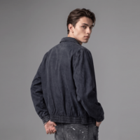 Veste vintage pour homme, bleu marine, fermeture éclair, col pointu, poignets et ourlet élastiques, veste bomber en coton, logo personnalisé