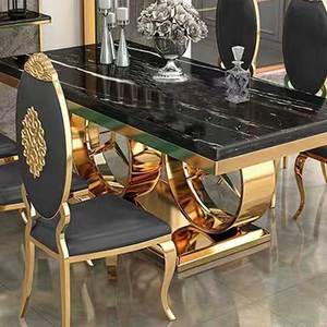 Table à manger en métal doré <span class=keywords><strong>design</strong></span> royal <span class=keywords><strong>de</strong></span> luxe ensemble 6 places <span class=keywords><strong>4</strong></span> chaises meubles <span class=keywords><strong>de</strong></span> maison salle à manger table à manger moderne en métal marbré - Product Image 5