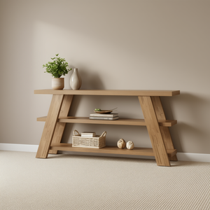 Table console moderne en chêne avec étagère de rangement, base à tréteaux, meubles de salon, design scandinave, plateau en bois massif - Product Image 2