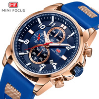 Montre chronographe à quartz pour homme, boîtier en or rose, cadran bleu, marqueurs lumineux, date, bracelet en silicone, sport