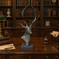 Sculpture de tête de cerf en BRONZE gravé antique, base en marbre noir naturel, décoration de table en bronze coulé haut de gamme, métal