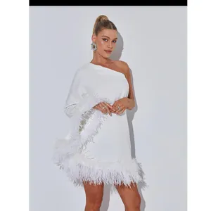 Maliyet-etkin OEM/ODM tasarımcı uzun kollu fishnet devekuşu tüy kesilmiş mini elbise elbise parti seksi 2023