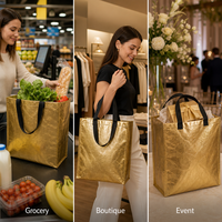 Sac fourre-tout en tissu non tissé doré métallisé froissé avec poignée en sangle noire, sac de shopping