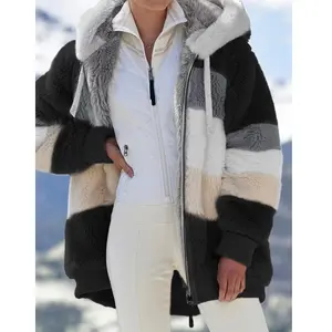 플러스 사이즈 여성 후드 겨울 양고기 가짜 모피 코트 따뜻한 Streetwear 지퍼 느슨한 컬러 블록