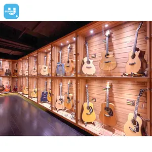 Large Wooden Custom Lighting Guitar Wall Display Shelf Glass Lockable Guitar Display Cabinet for Music Shop