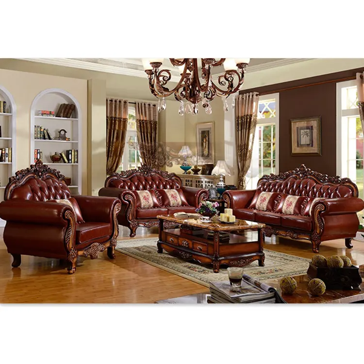 American solid wood leather sofa European style leather sofa villa/living room furniture