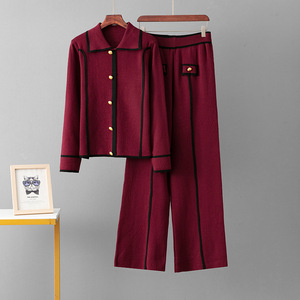 Wholesale Custom Elegant Knitted 2 Piece Cardigan Pants <b>Set</b> Sweater for Women Autumn Office Wear - Product Image 2