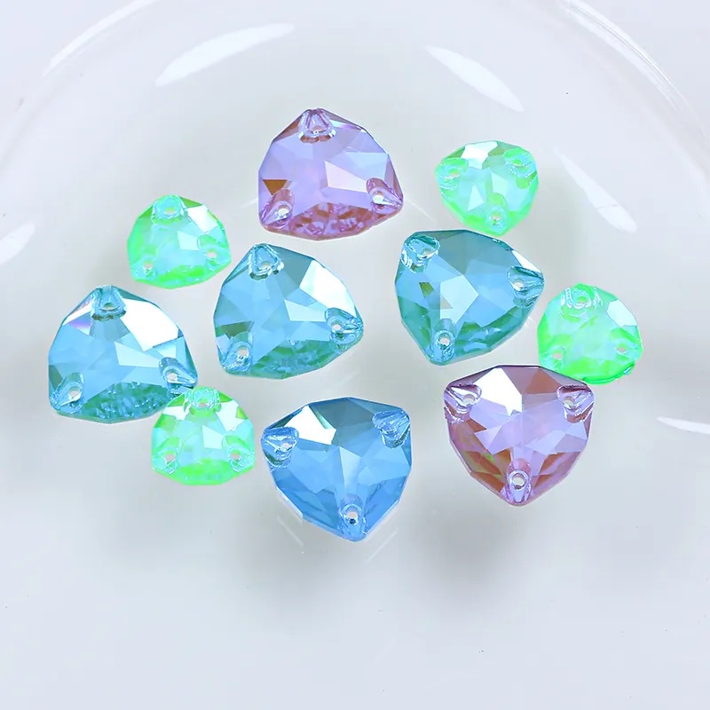 Triángulo cosido cristal parte posterior plana diamantes de imitación al por mayor cuentas de piedra de cristal sin plomo para ropa zapatos accesorios de costura