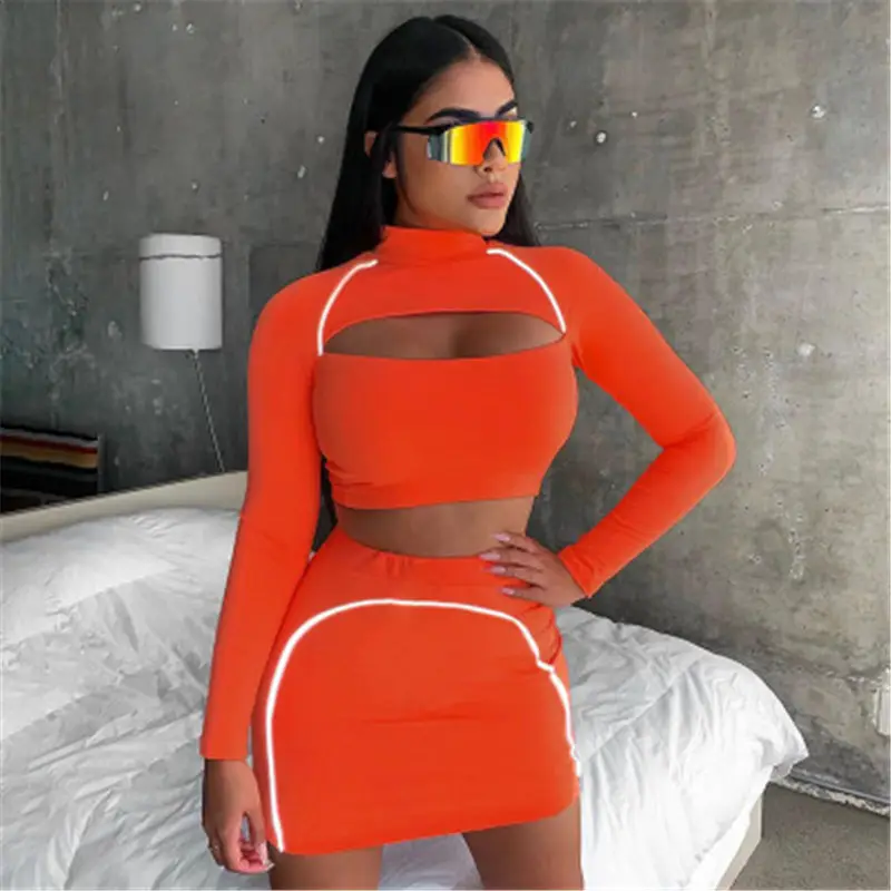 Laranja Saias De Duas Peças Conjunto com Reflexivo Tubulação Mulheres Cut Out Top Colheita Senhoras Vestido De Duas Peças L03121