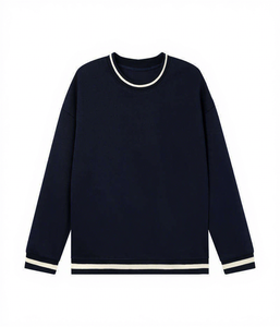 Sudadera Unisex Extra Grande con Cuello Redondo, Color Sólido, Tejida, Manga Larga, Informal, para Otoño, Blanca con Ribete Rojo - Product Image 3