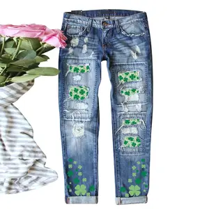 Jeans a vita alta personalizzati per donna con foro, Skinny elasticizzato pantaloni di Jeans taglie forti vendita di alta qualità Denim da donna/