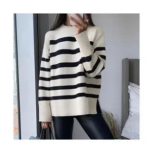 Fashion Knit Loose Sweater White Large Pullover Striped Knitted Crew Neck Sweater Women