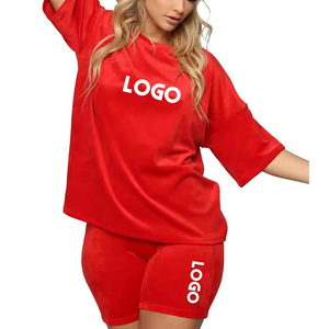 Conjunto de 2 Piezas para Mujer, Color Rojo, Manga Tres Cuartos, Cuello Redondo, Corte Holgado, Transpirable, Poliéster y Algodón 280gsm, Ropa Casual de Primavera/Verano - Product Image 1