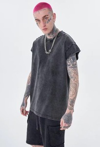 Top da <span class=keywords><strong>uomo</strong></span> in cotone 100% Vintage lavato oversize senza maniche con bordo a fila in stile stile Unisex morbido tessuto di alta qualità - Product Image 4